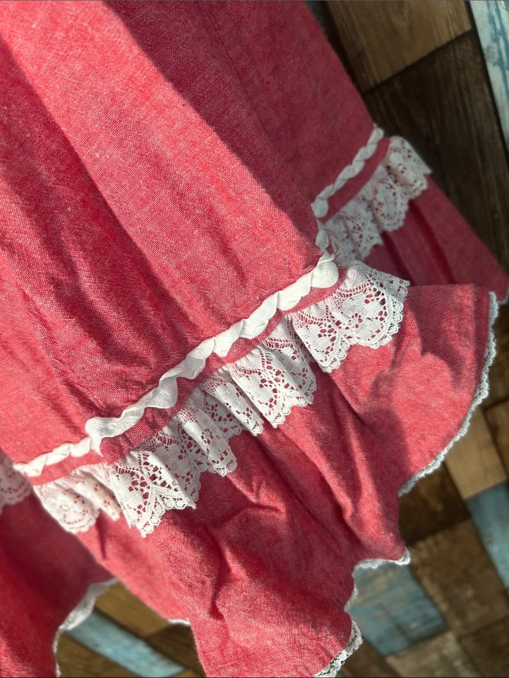Brand Red Ruffled A-Line Midi Skirt with Lace Trim western - Picture 12 of 16